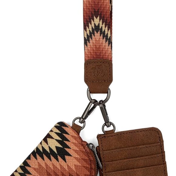 Women Aztec Print Dual Pouch Wristlet Wallet with Zipper Pocket Brown - Picture 1 of 6